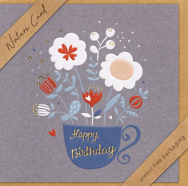 Faltkarte Happy Birthday/Blumen in Tasse