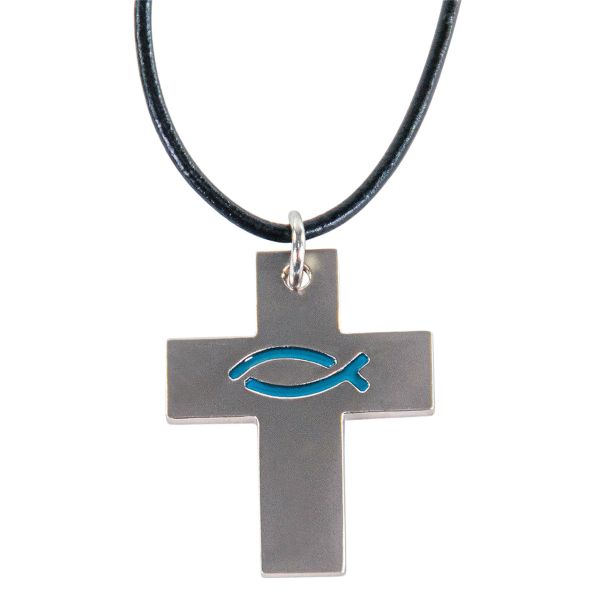 Kette Kreuz mit Ichtys-Fisch - blau