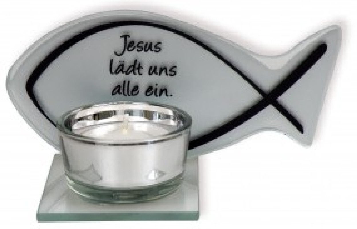 Glas-Teelichthalter Fisch - Jesus lädt uns alle ein
